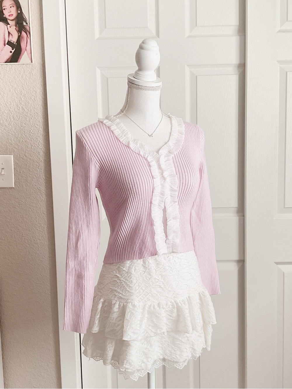 Dazy Ruffled Trim Ribbed Cardigan Pink/Purple - Picture 2 of 5